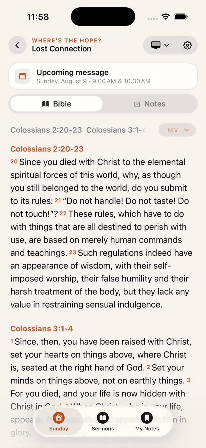 The sermon's Scripture passage open in Sunday's built-in Bible view