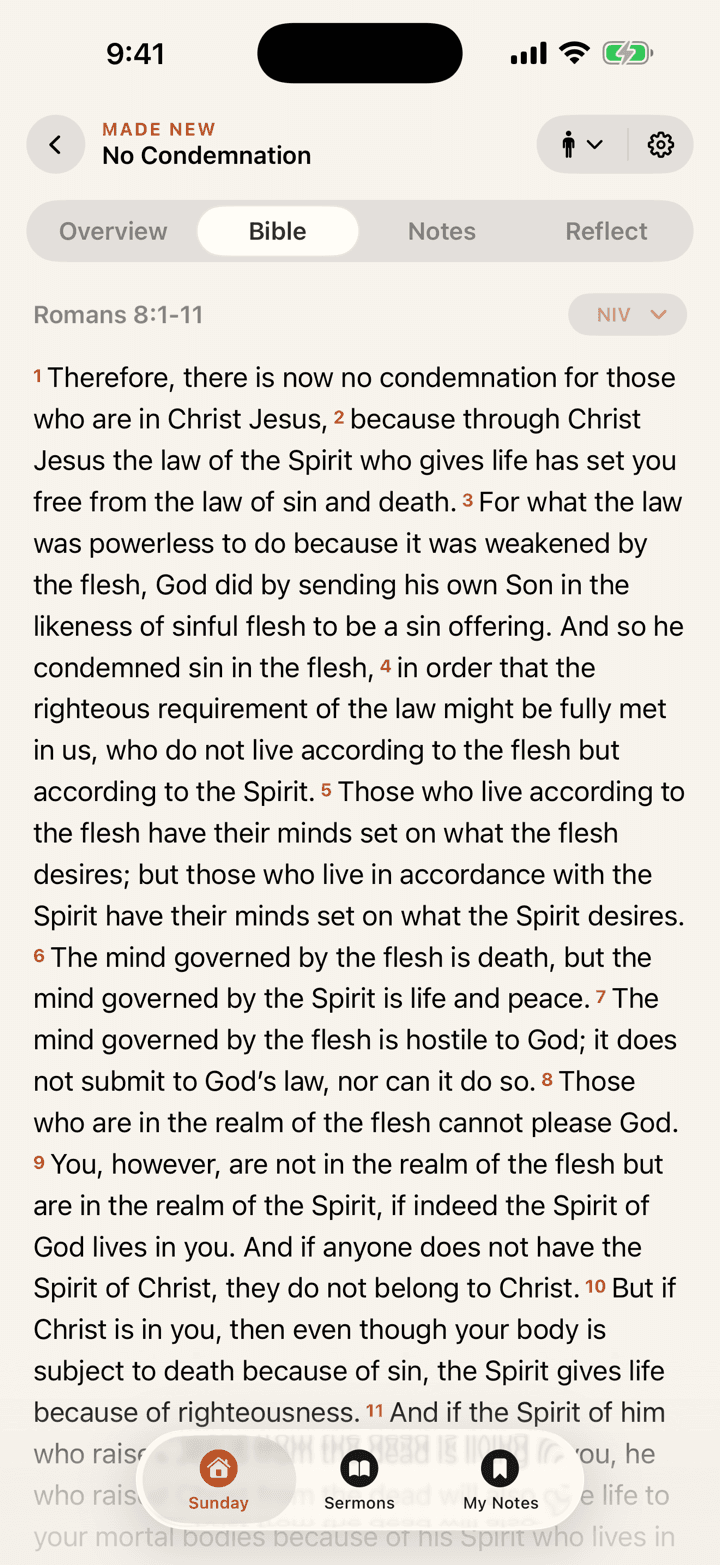 This week's message in Sunday with the Scripture passage open and notes one tap away