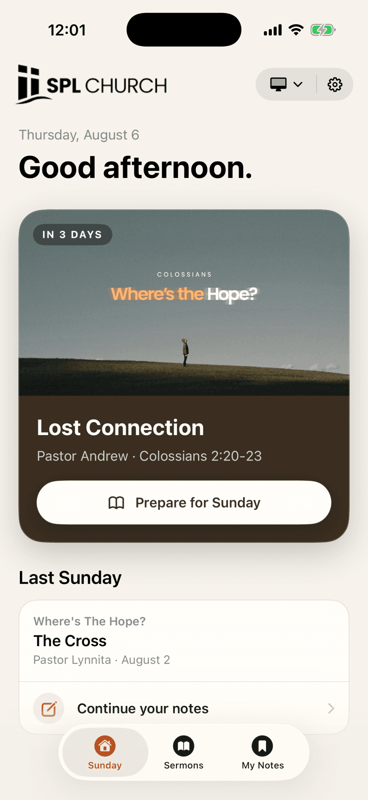 Sunday app home screen showing this week's sermon, ready to open