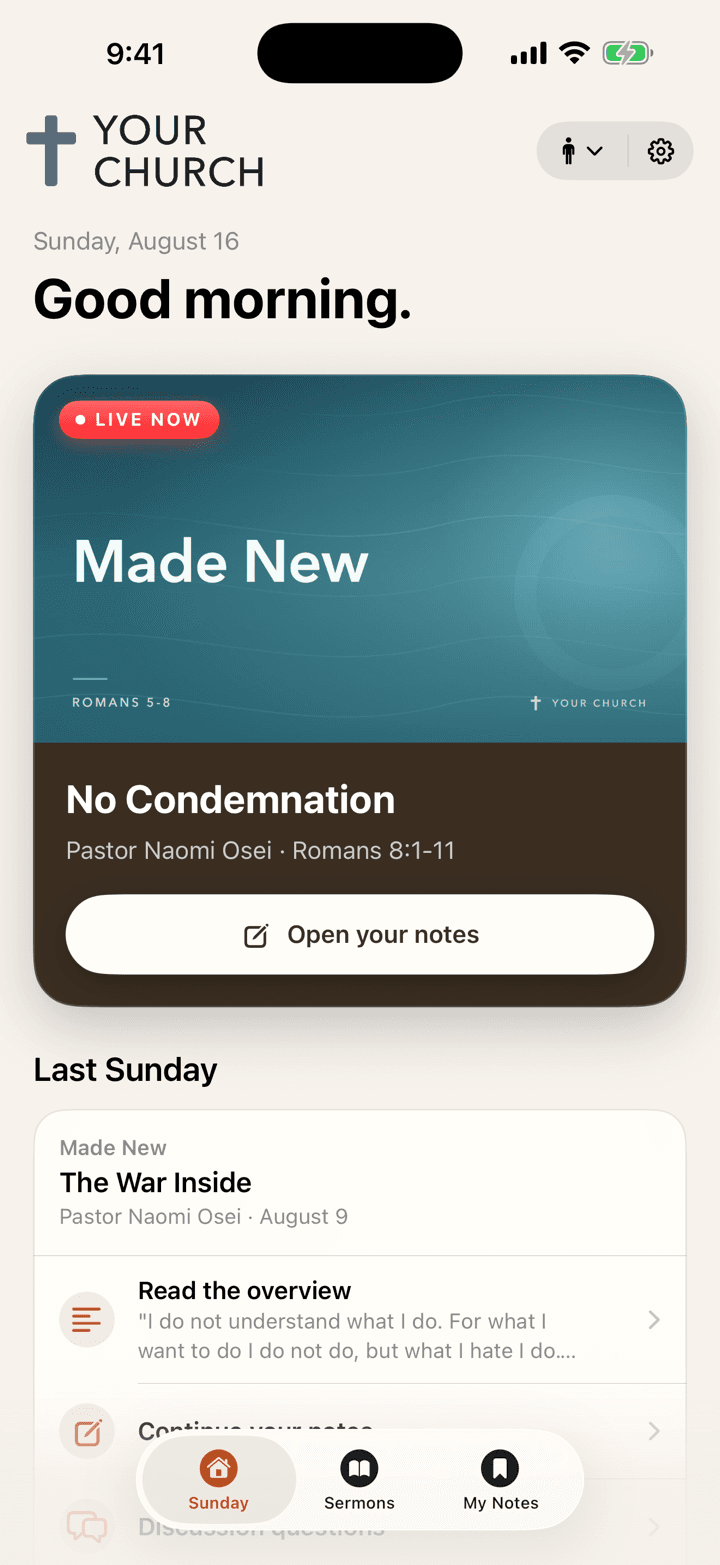 Sunday app home screen showing this week's message, with notes ready to open