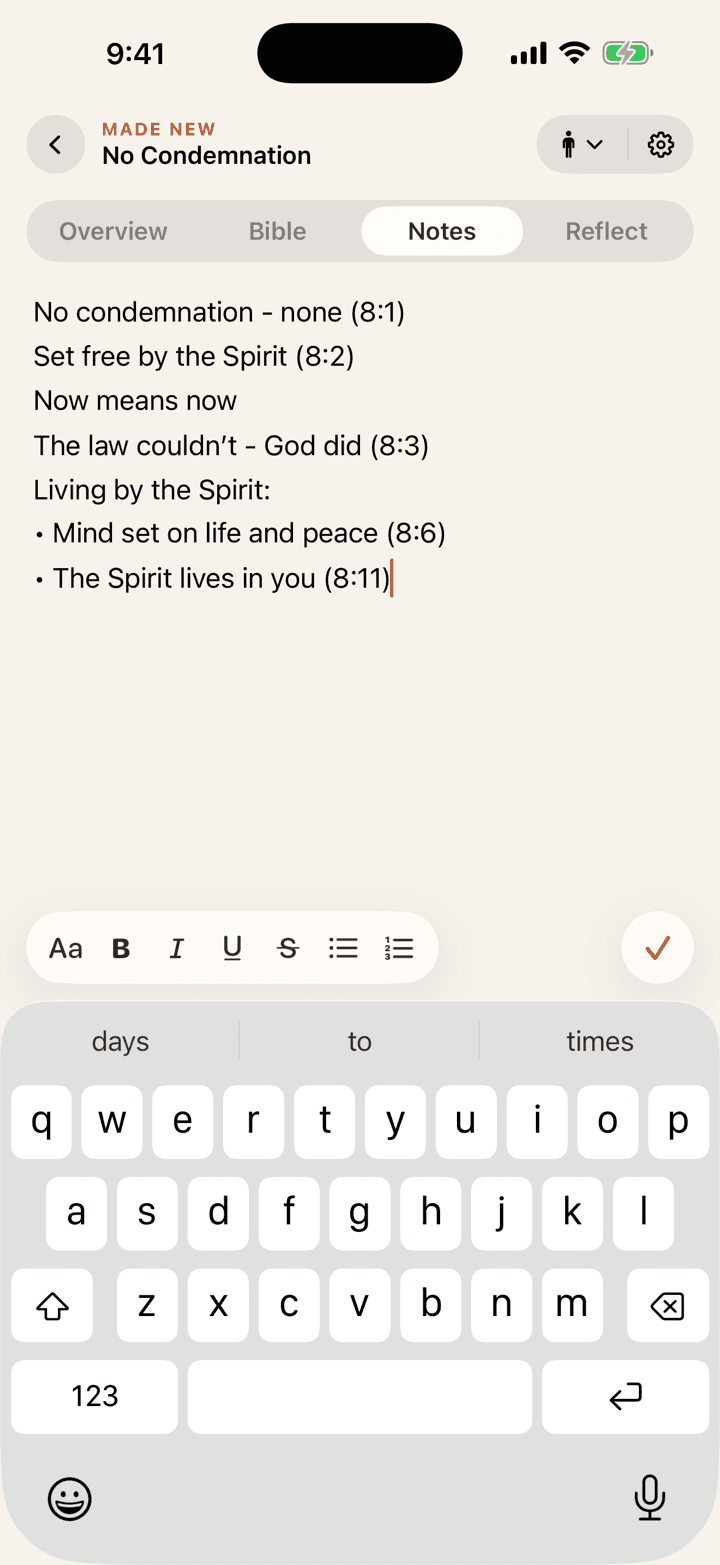 Taking sermon notes in the Sunday app