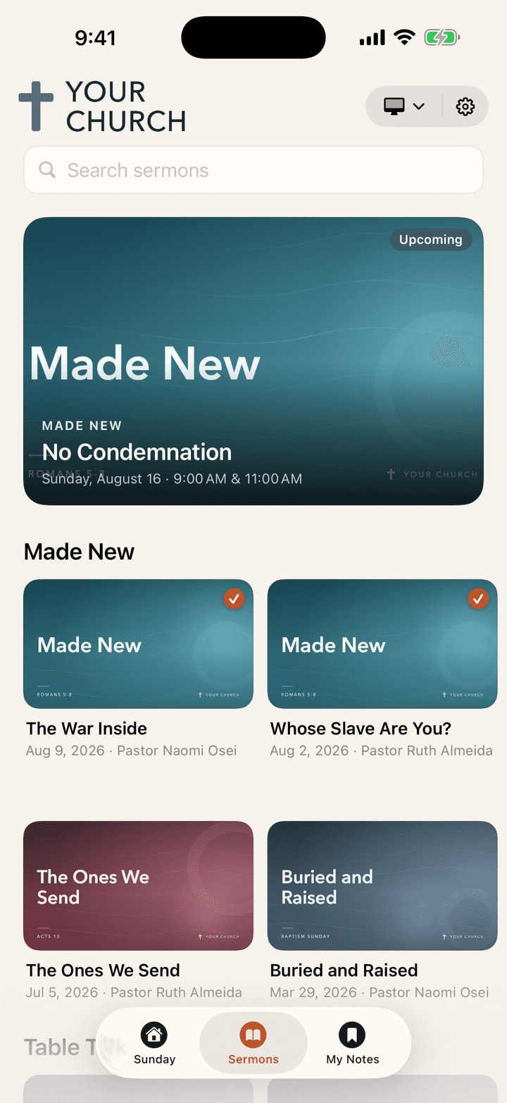 A church's sermon library in the Sunday app
